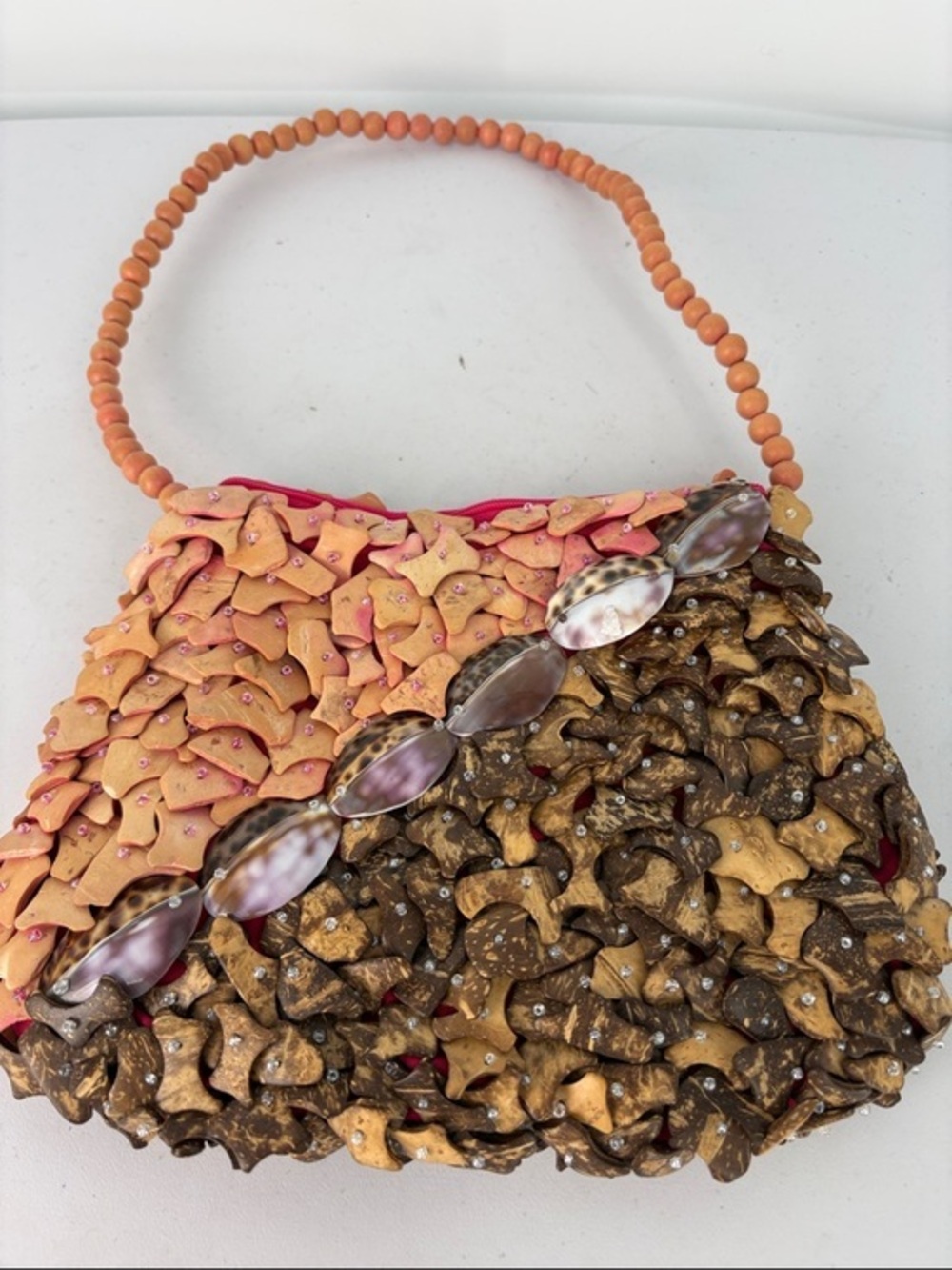 🎪 Mido Peach pink and Brown Beaded Handle Shell-Trim Shoulder Bag coconut